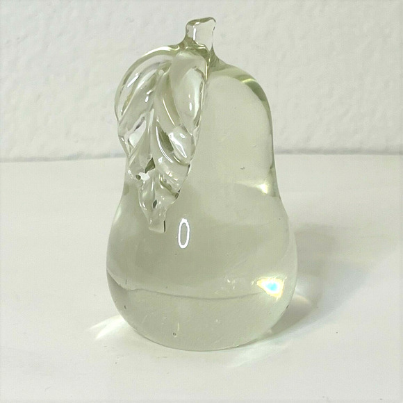 Vintage Clear Glass Pear Paperweight 3.75 Inch Solid Art Glass Figurine 1980s - Picture 1 of 7